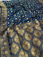 Royal Navy Blue Mashru Silk Banarasi Saree – Gold Zari Jaal Weave