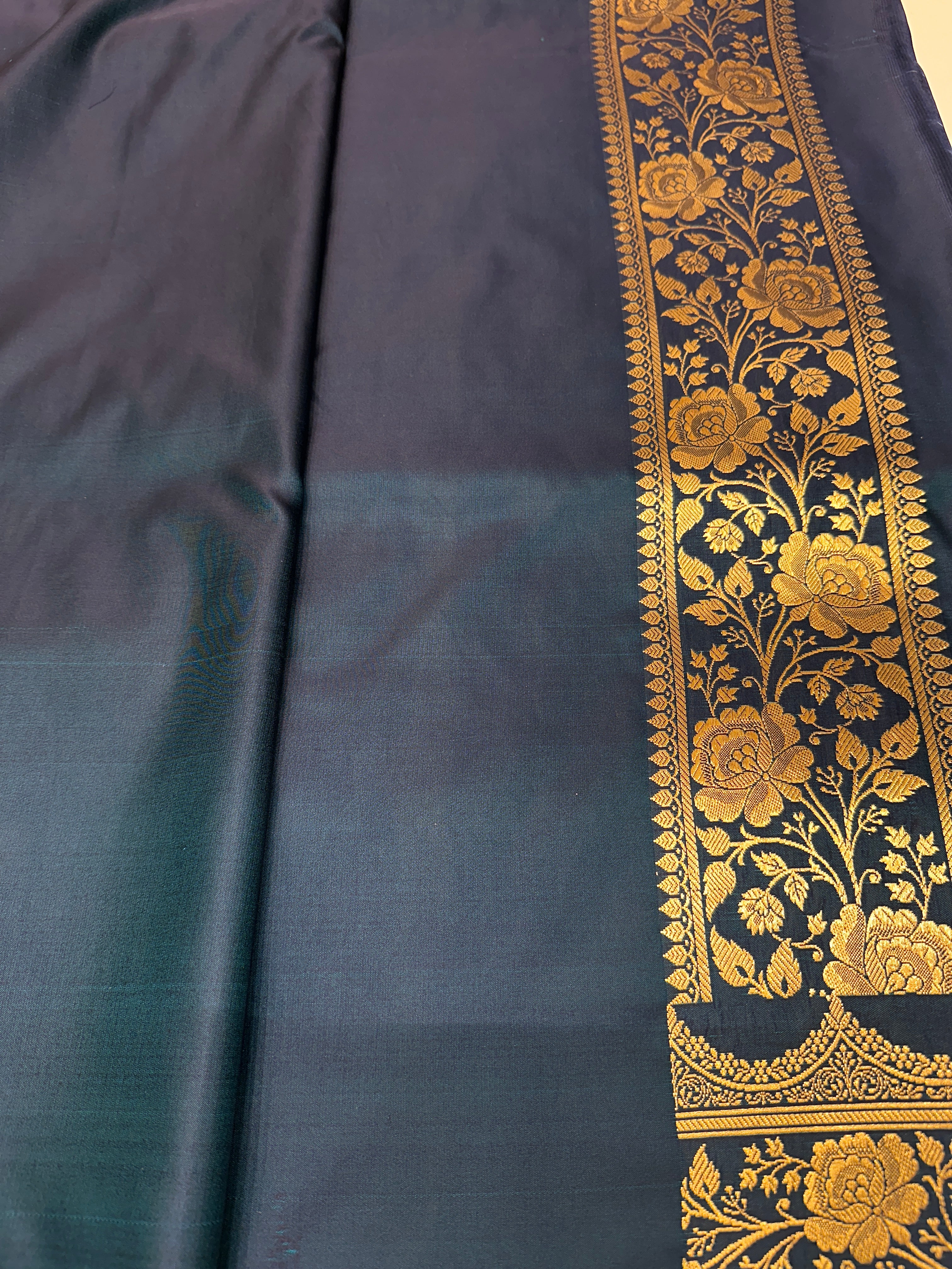 Royal Navy Blue Mashru Silk Banarasi Saree – Gold Zari Jaal Weave