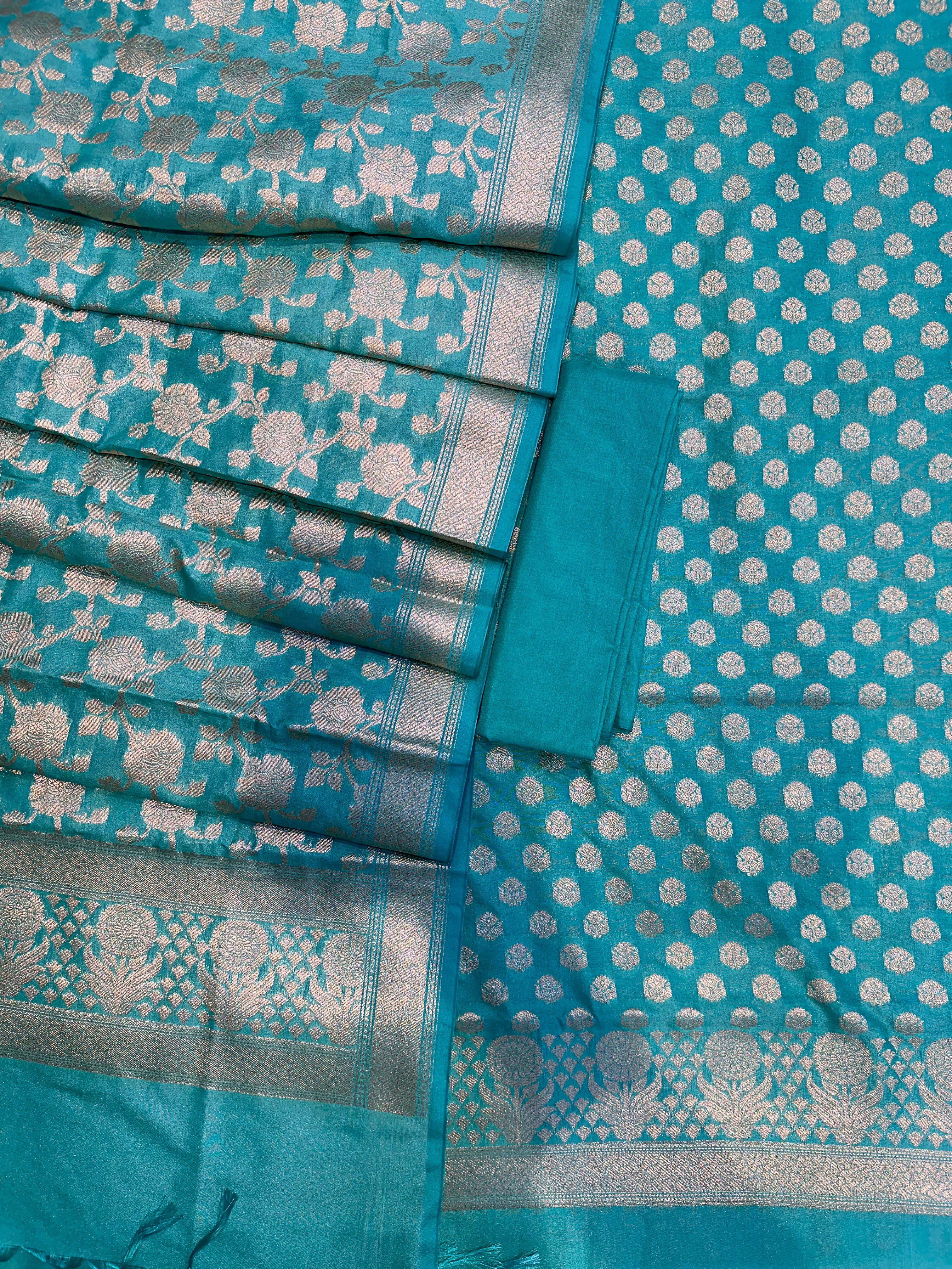 Elegant Katan Silk Banarasi Suit Set with Gold Zari Jaal Dupatta