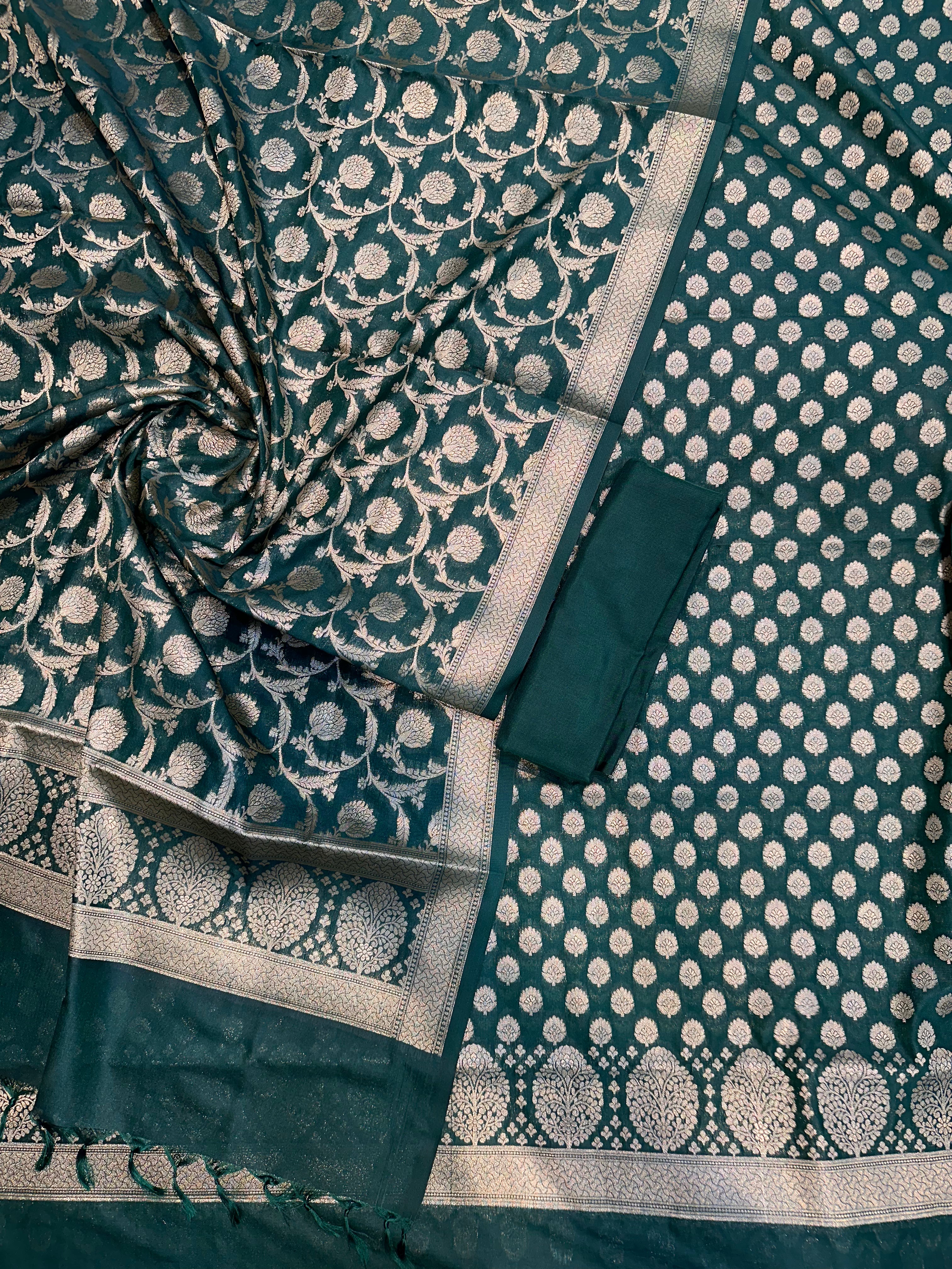 Elegant Katan Silk Banarasi Suit Set with Gold Zari Jaal Dupatta