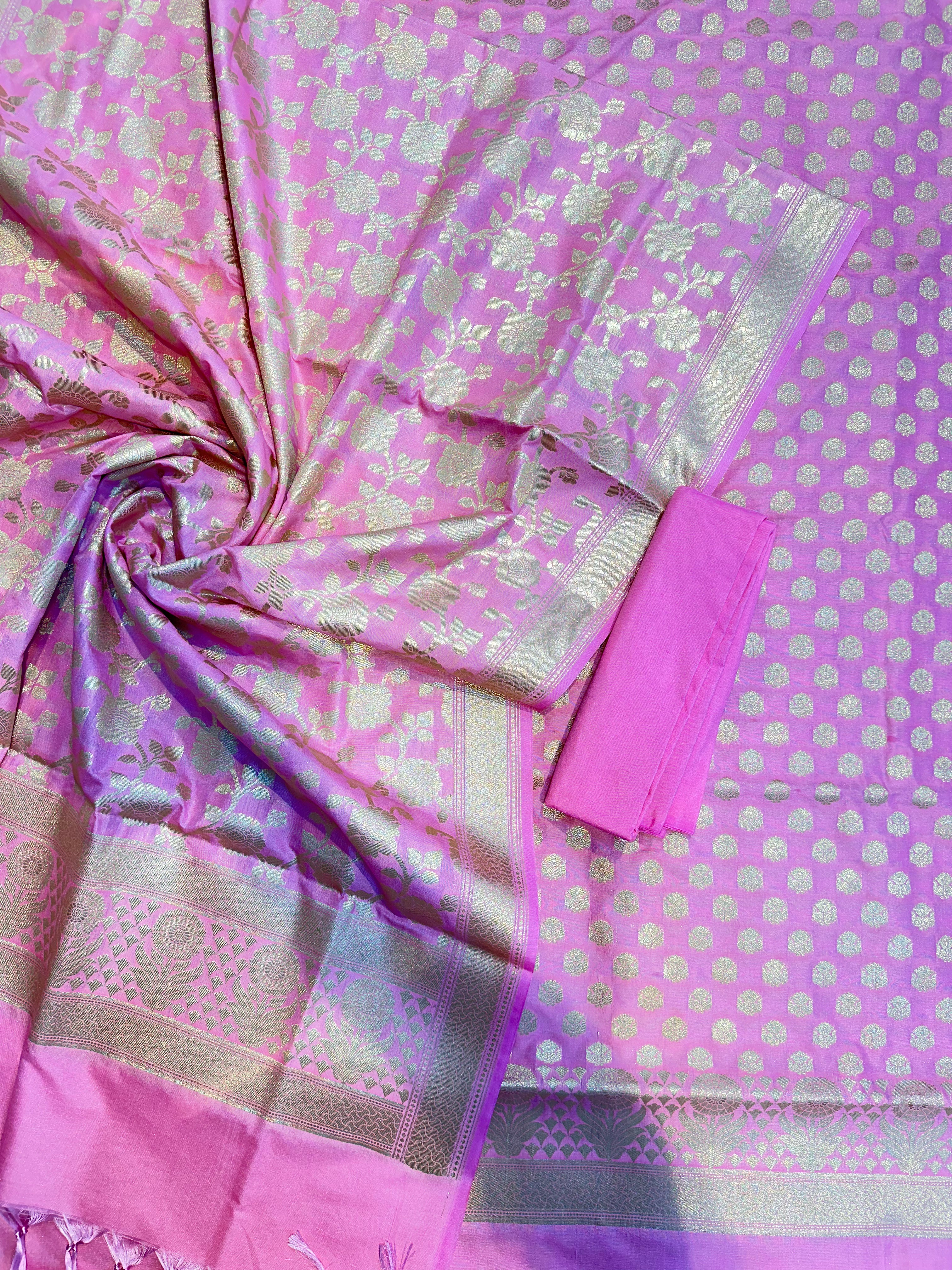 Elegant Katan Silk Banarasi Suit Set with Gold Zari Jaal Dupatta