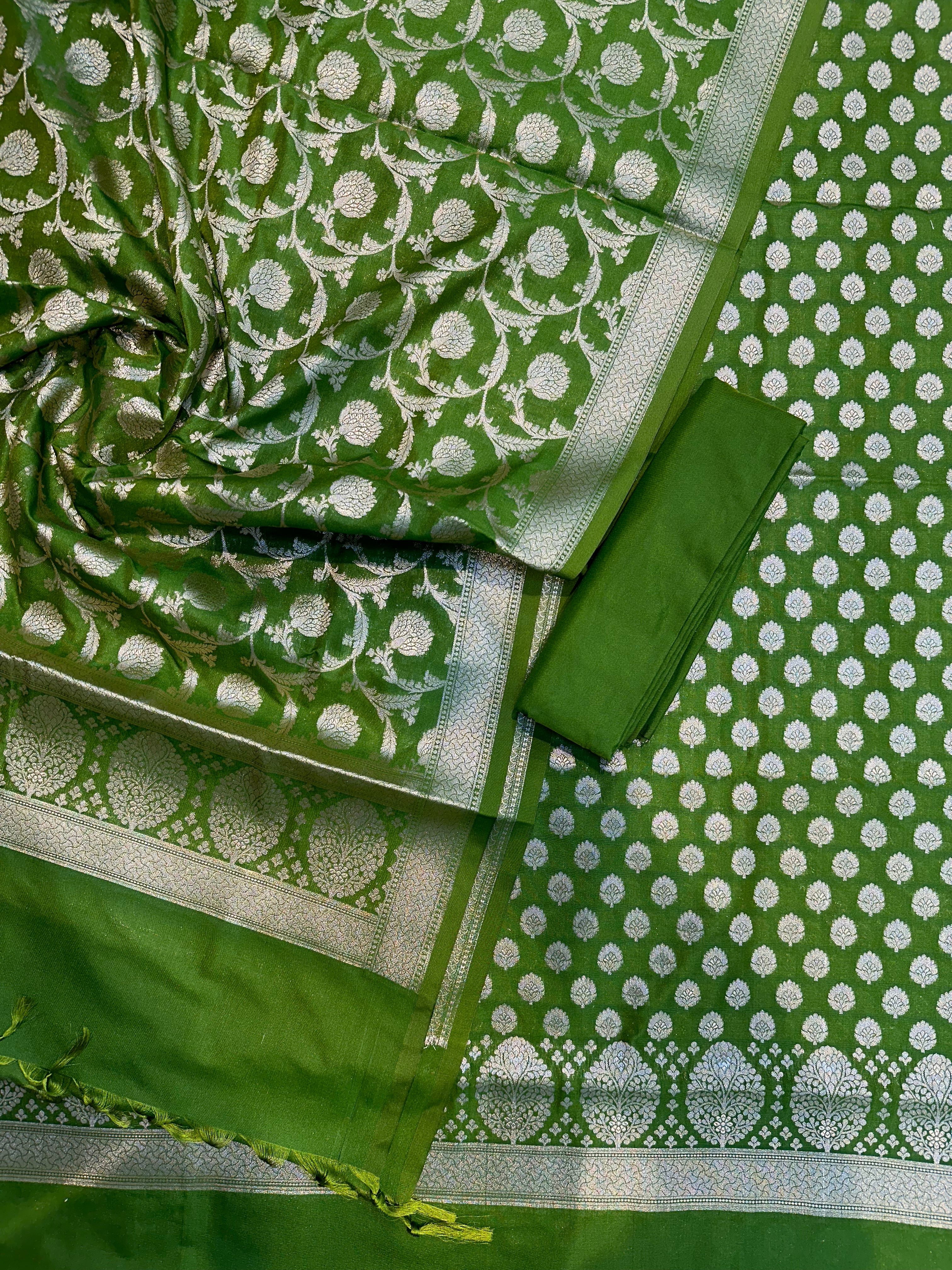 Elegant Katan Silk Banarasi Suit Set with Gold Zari Jaal Dupatta