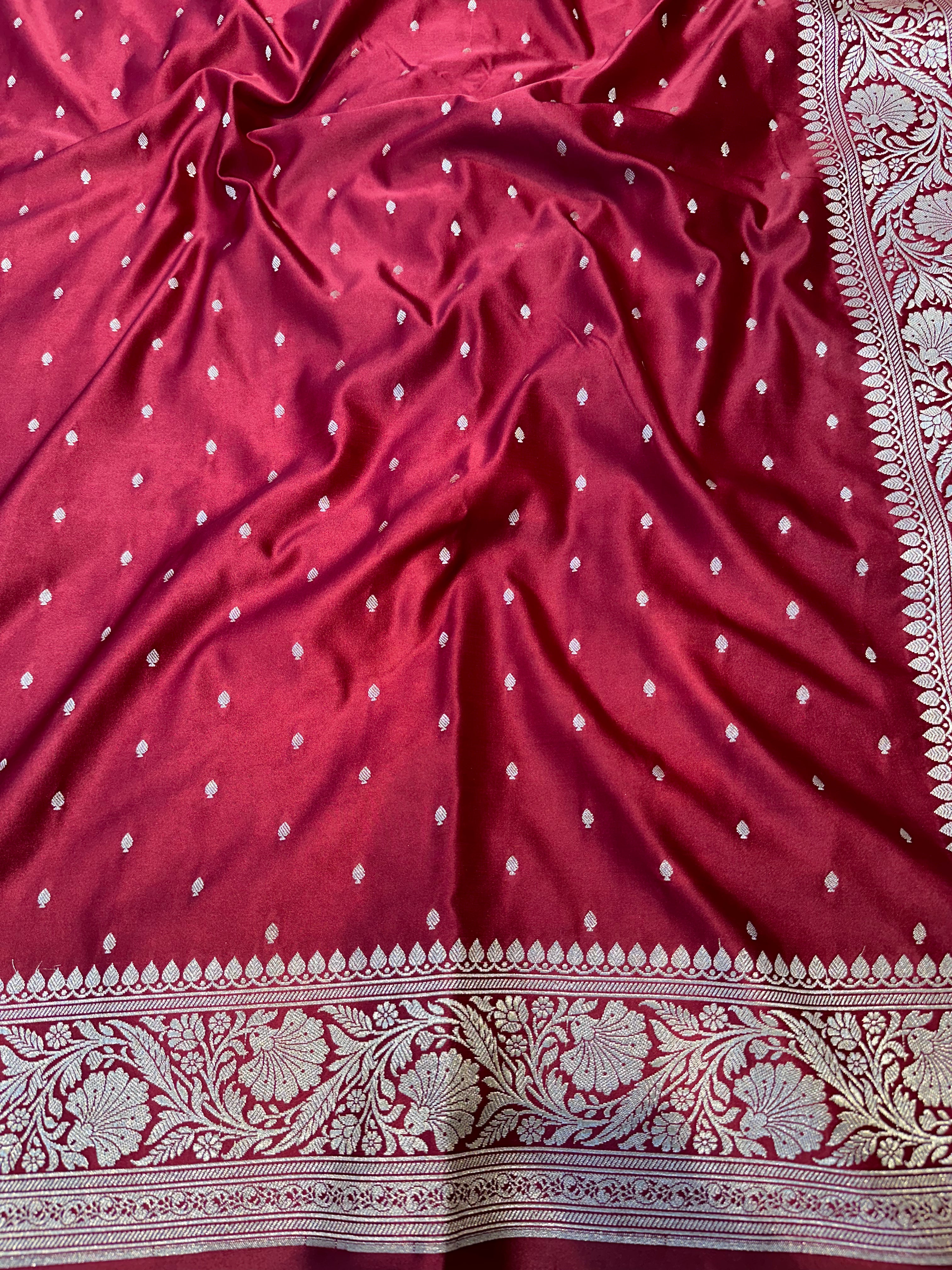 Classic Red & Maroon Mashru Silk Banarasi Saree – Polka Buti Elegance