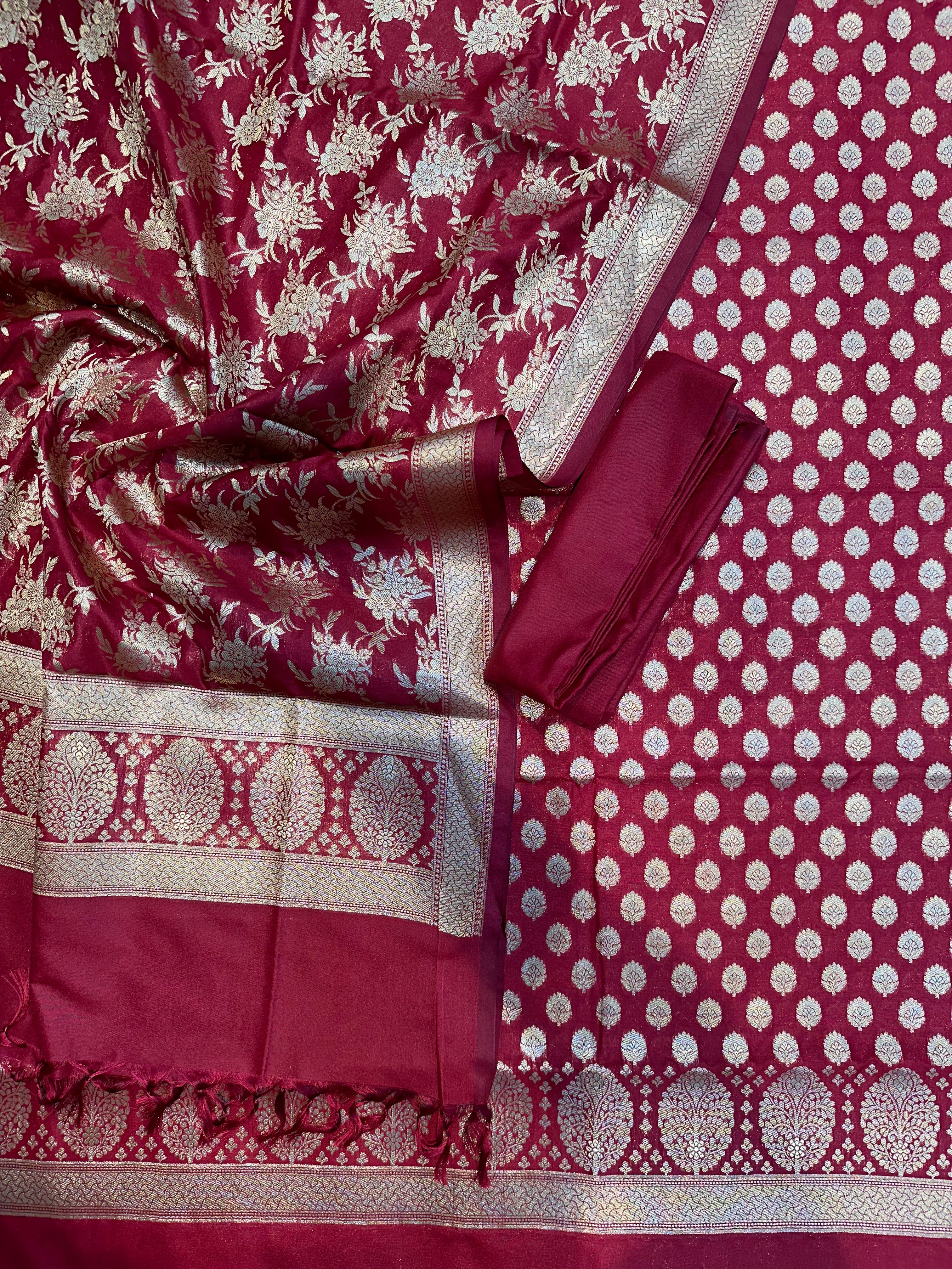 Elegant Katan Silk Banarasi Suit Set with Gold Zari Jaal Dupatta