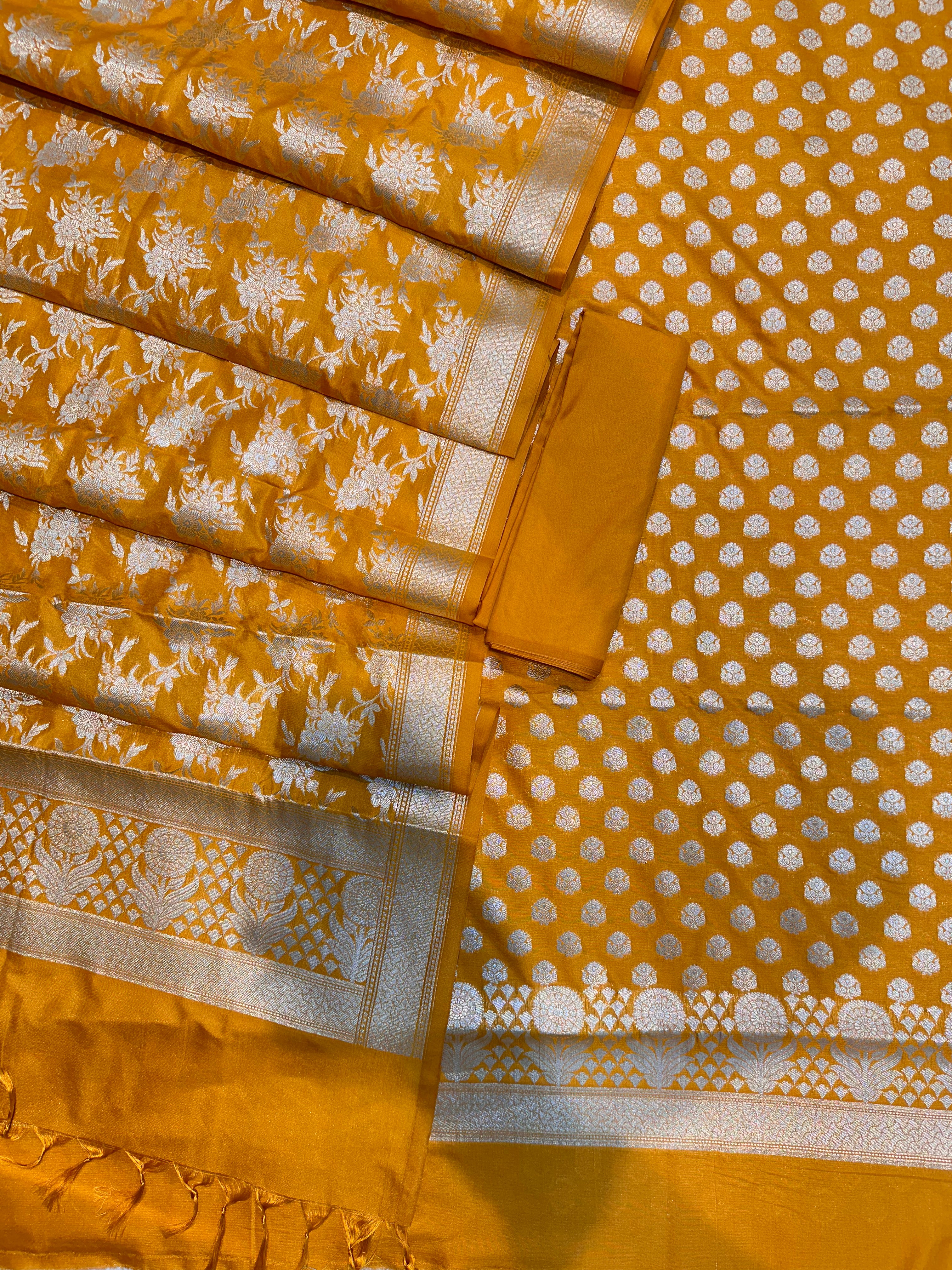 Elegant Katan Silk Banarasi Suit Set with Gold Zari Jaal Dupatta