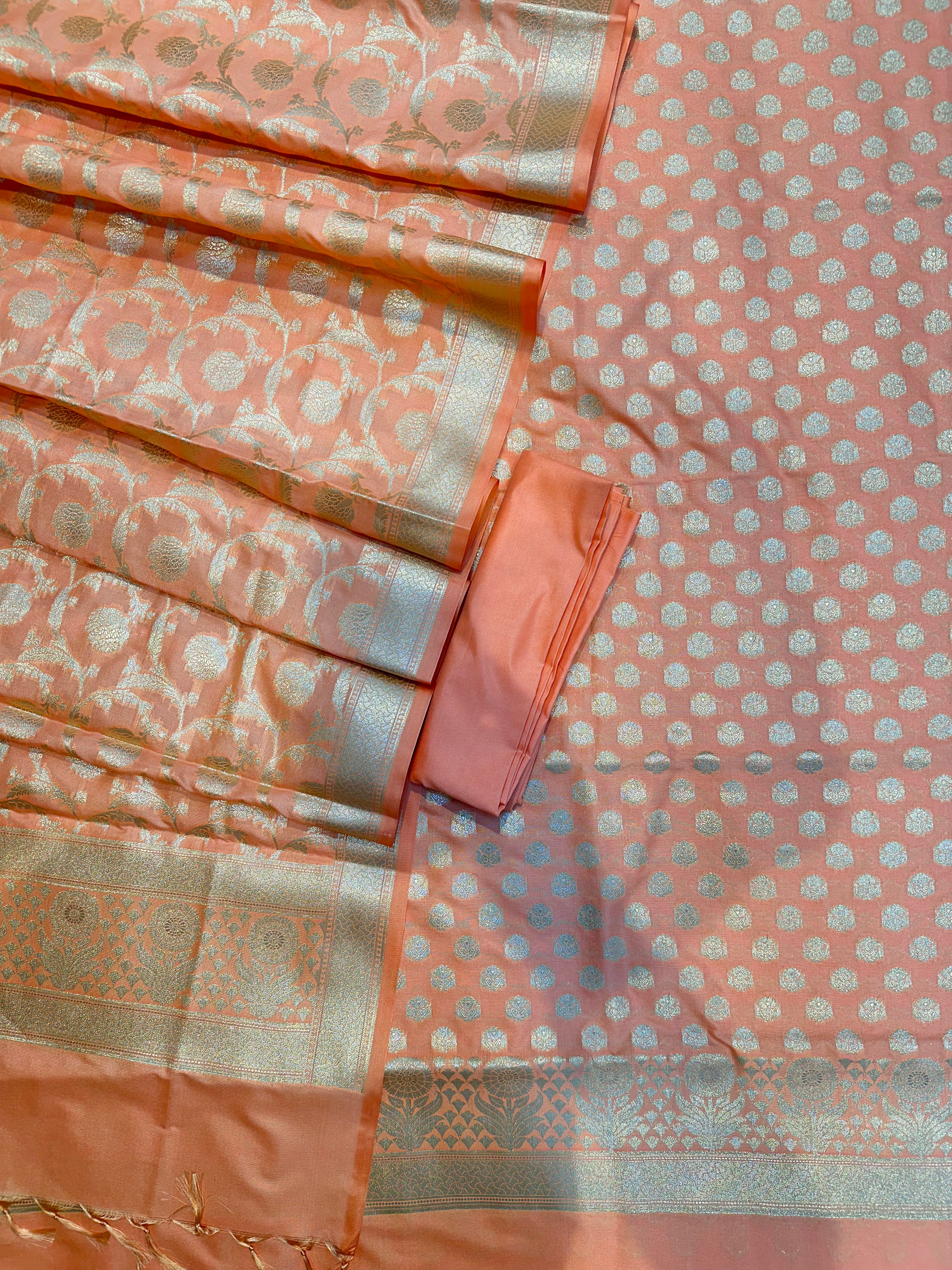 Elegant Katan Silk Banarasi Suit Set with Gold Zari Jaal Dupatta