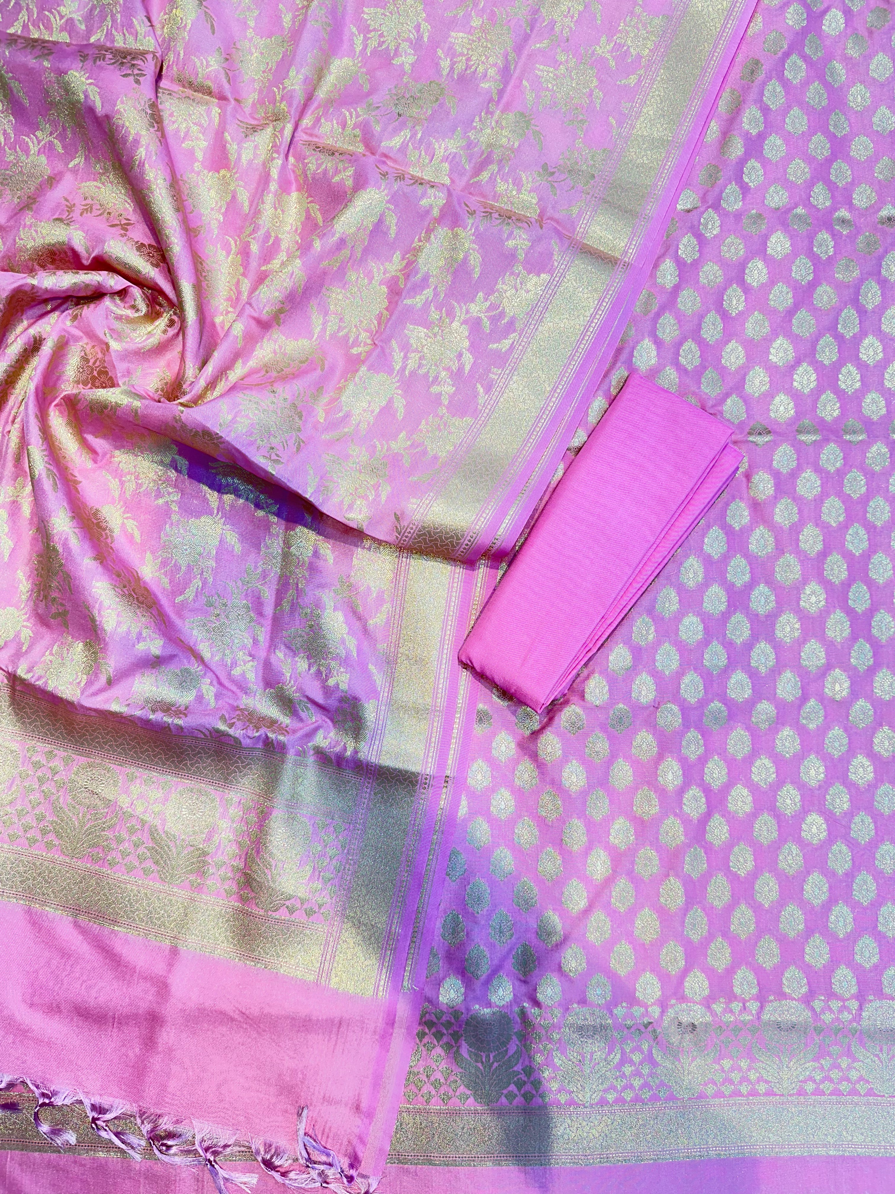 Elegant Katan Silk Banarasi Suit Set with Gold Zari Jaal Dupatta