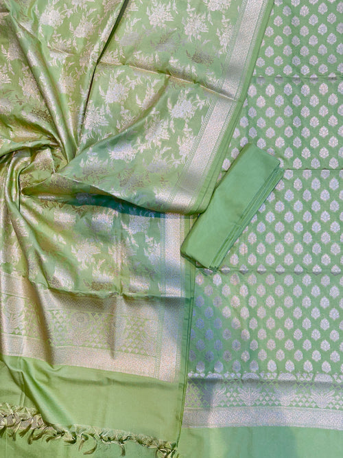 Elegant Katan Silk Banarasi Suit Set with Gold Zari Jaal Dupatta