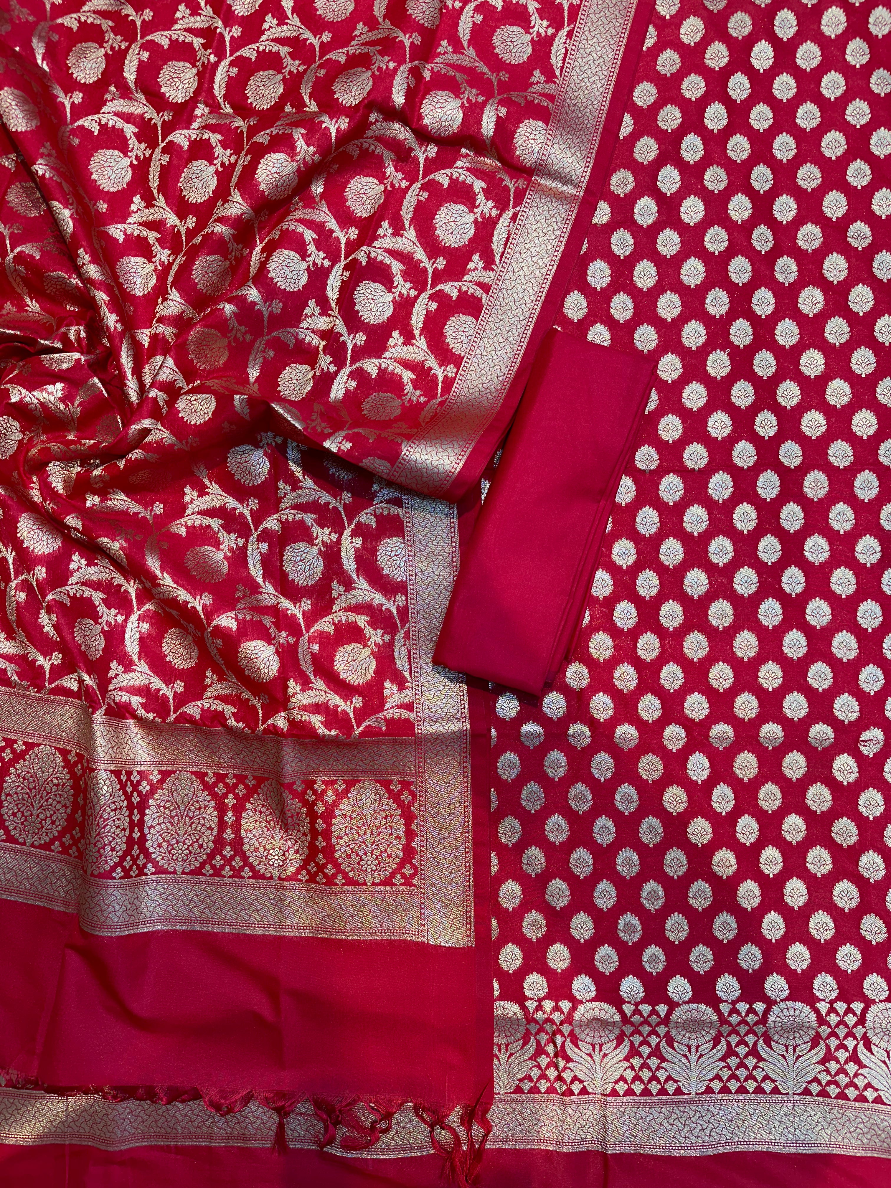 Elegant Katan Silk Banarasi Suit Set with Gold Zari Jaal Dupatta