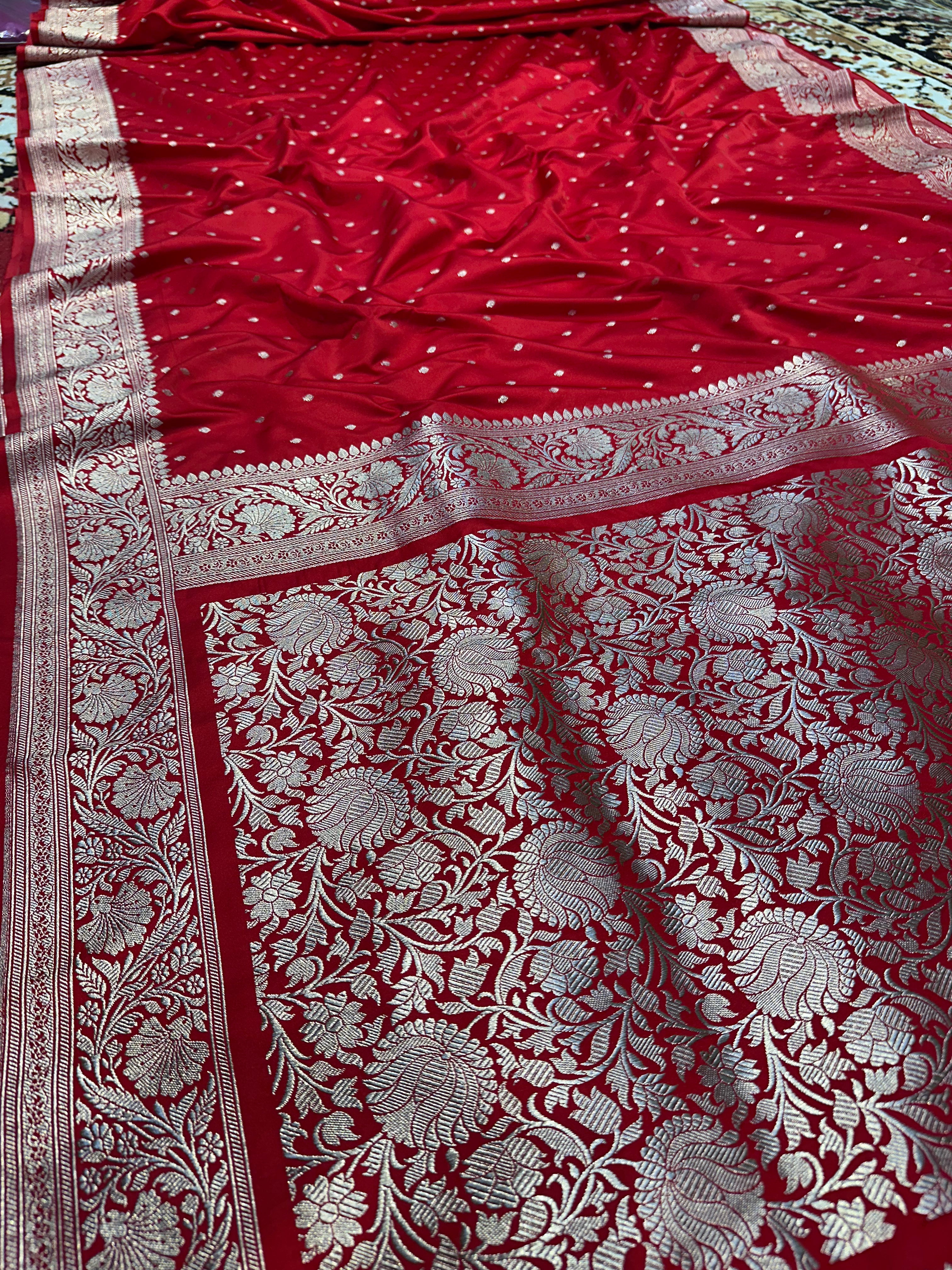 Classic Red & Maroon Mashru Silk Banarasi Saree – Polka Buti Elegance