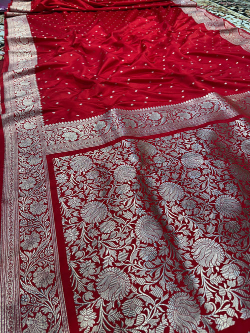 Classic Red & Maroon Mashru Silk Banarasi Saree – Polka Buti Elegance