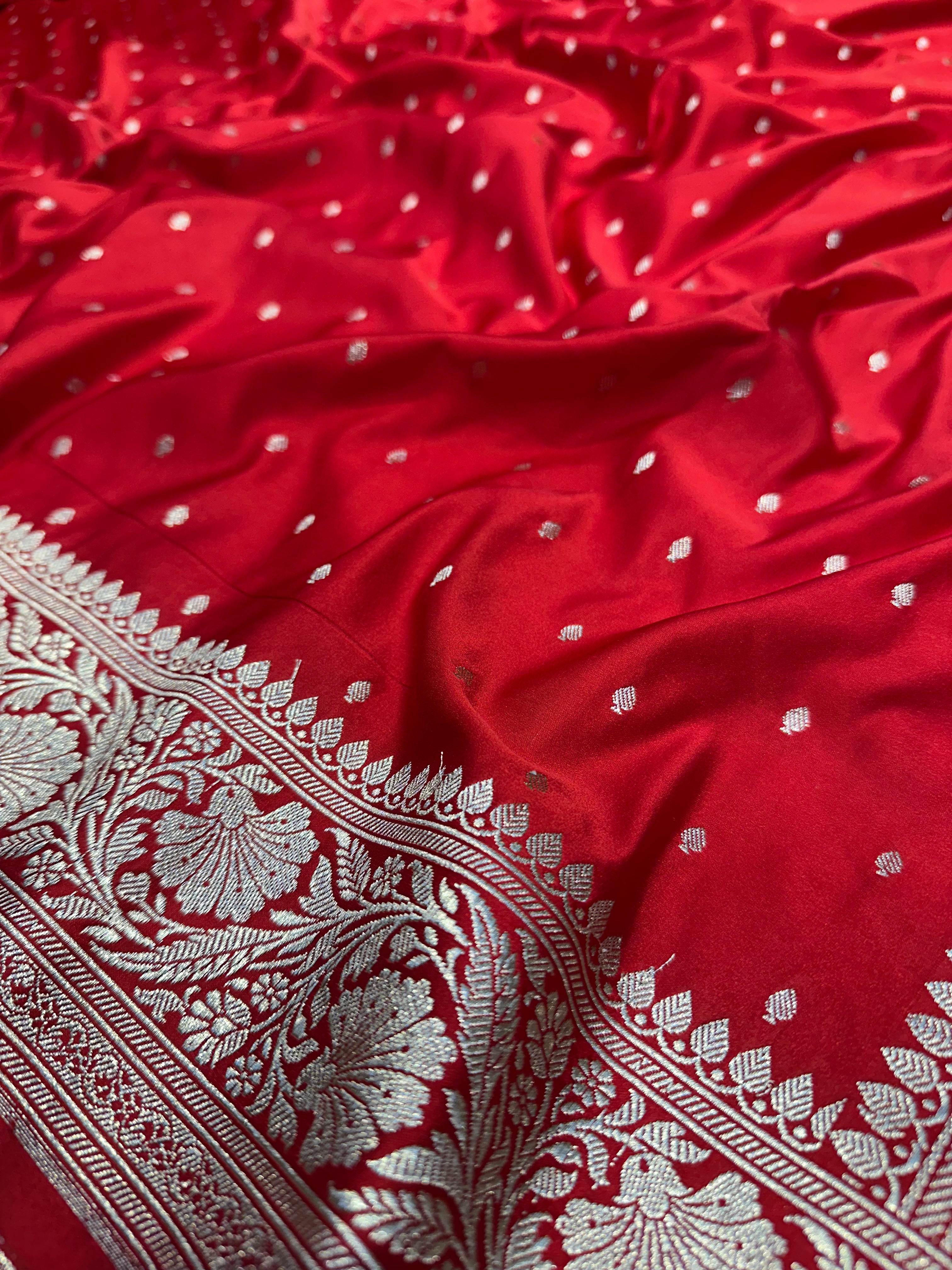 Classic Red & Maroon Mashru Silk Banarasi Saree – Polka Buti Elegance