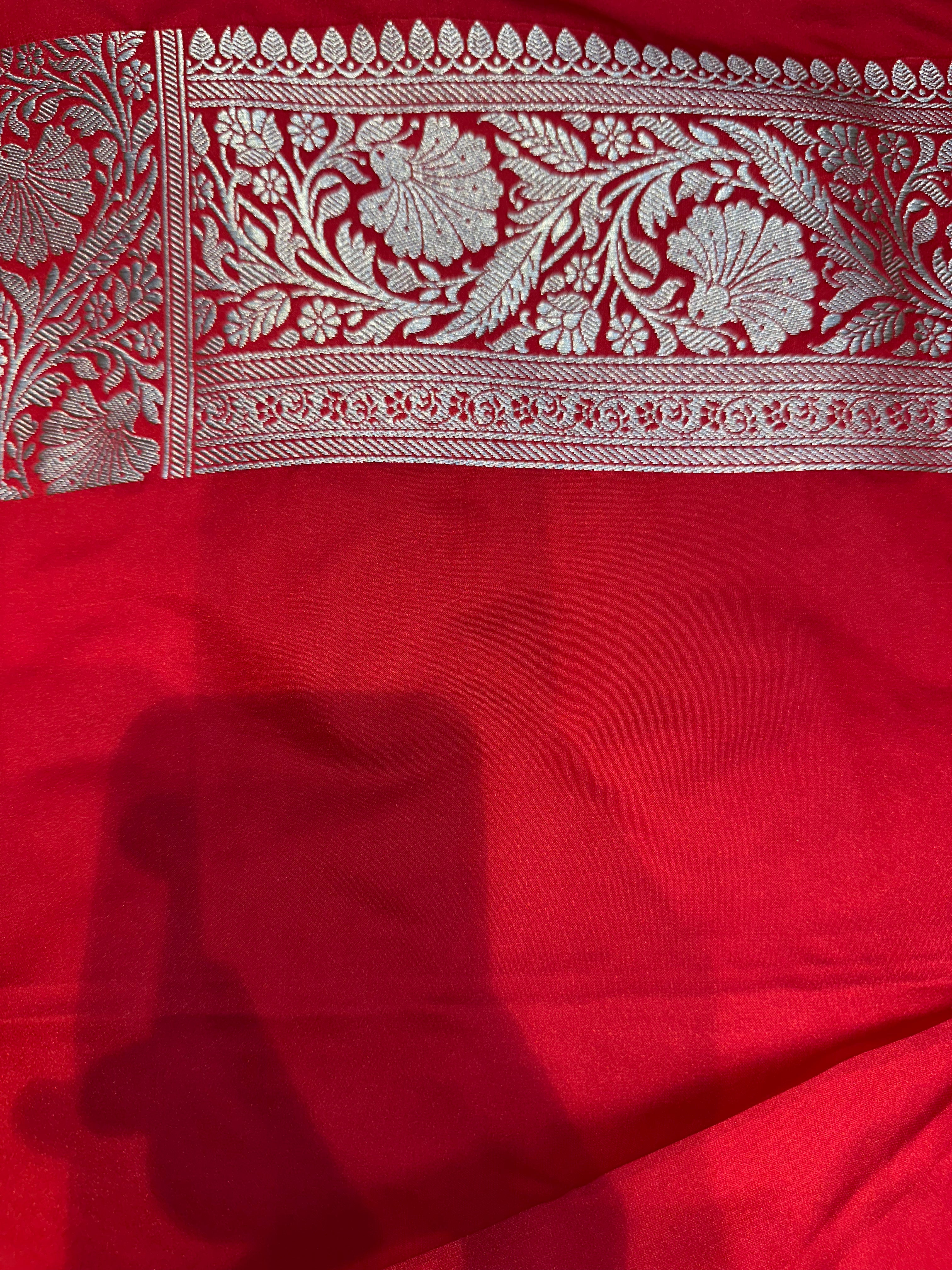 Classic Red & Maroon Mashru Silk Banarasi Saree – Polka Buti Elegance
