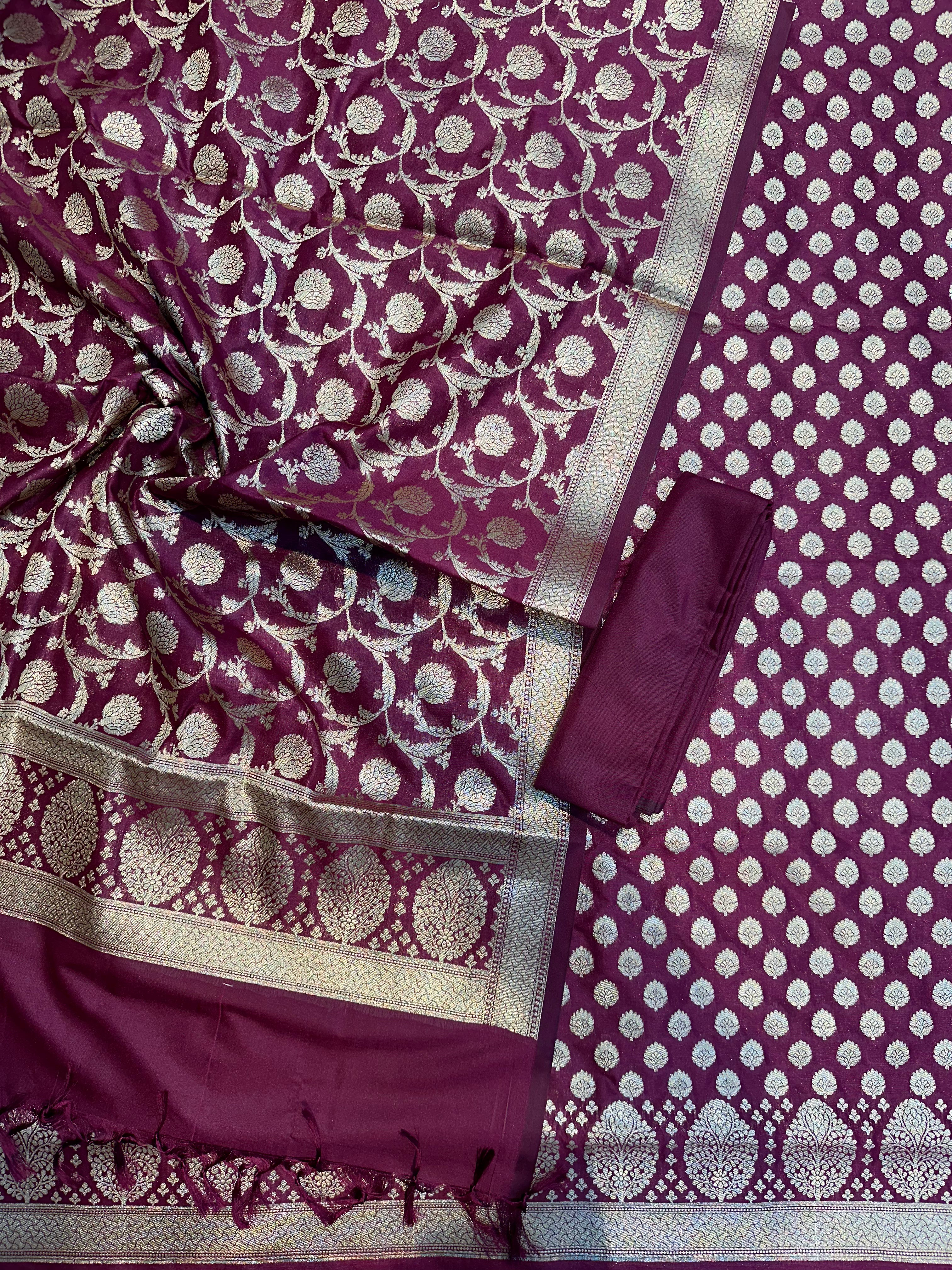 Elegant Katan Silk Banarasi Suit Set with Gold Zari Jaal Dupatta